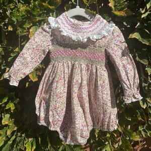 Pepa London Floral Hand-Smocked Long Sleeve Romper, Pink